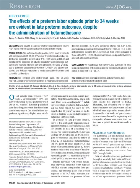 (PDF) The effects of a preterm labor episode prior to 34 weeks are evident in late preterm ...