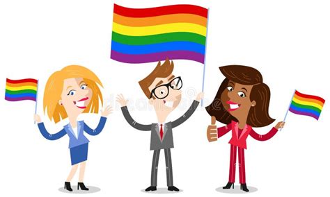 Smiling Group Of Cartoon Business People Waving Rainbow LGBT Flag Celebrating Gay Pride Stock