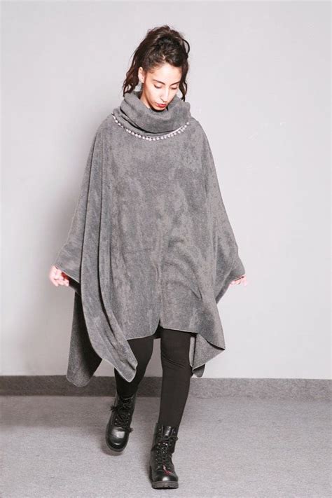 Grey Fleece Hooded Poncho Plus Size Winter Cape Warm And Etsy