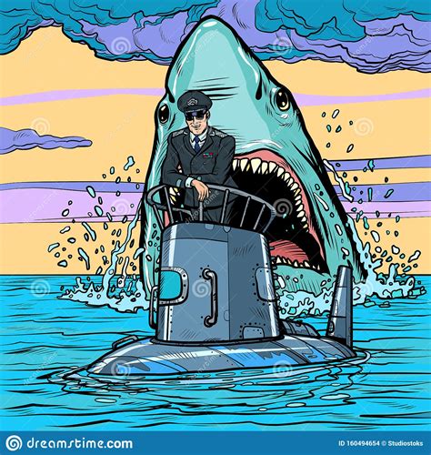 Captain of the Submarine. Shark Attack Stock Vector - Illustration of ...