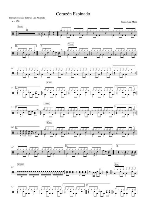 Corazon Espinado Arr Drum Transcription Leo Alvarado Sheet Music