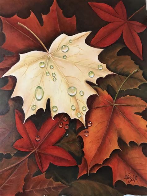 An Acrylic Painting Of Autumn Leaves With Drops Of Water On The Leaf S