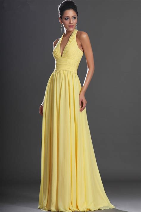 Free Shipping Simple Elegant V Neck Halter Yellow Chiffon Formal Evening Dress 1 Yellow