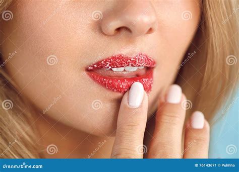 Lip Skin Care Beautiful Woman Lips With Sugar Lip Scrub On Stock Image