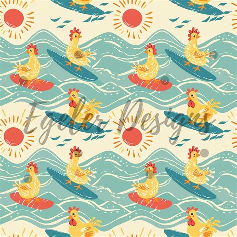 Surfing Chickens Seamless Pattern Digital Download Egeler Designs