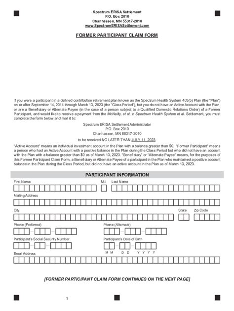 Fillable Online Former Participant Claim Form Participant Information