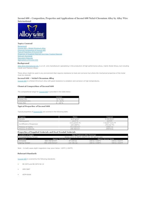 Inconel 600 - Composition, Properties and Applications of Inconel 600 ...