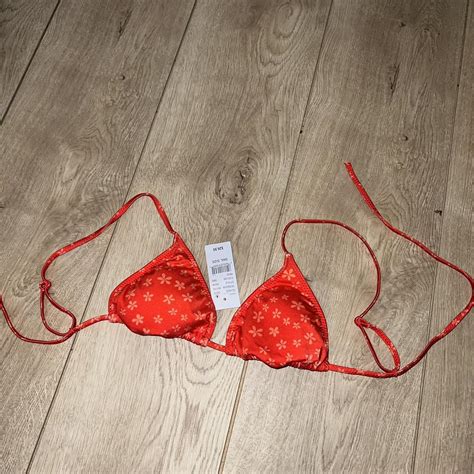 Reddish Orange With Flower Print Triangular Bikini Depop