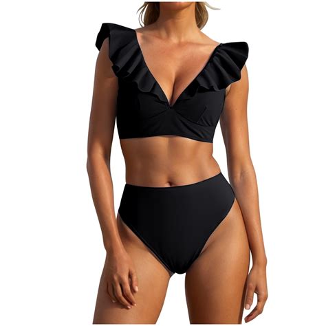 Lopeceal Women High Waisted Bikini Sets Tummy Control Swimsuits Ruffle Sleeve Two Piece Bathing