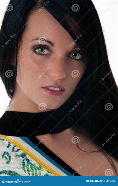 Beautiful Brunette With Green Eyes Closeup Stock Photo Image Of Glamour People 13748742