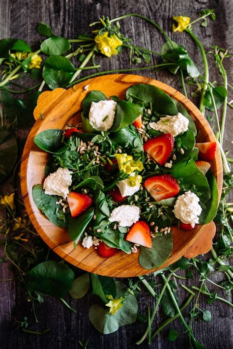 Miners Lettuce Salad With Ricotta Strawberries Chickweed And Sorrel