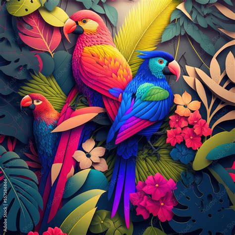 3d digital art. Drawing colorful wallpaper. tropical forest, multicolor ...