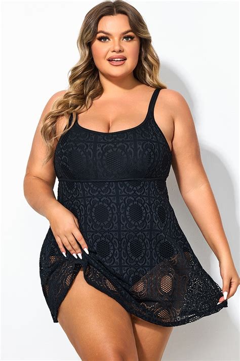 Plus Size Black Crochet Lingerie Strap Swimdress Meet Curve Meet Curve
