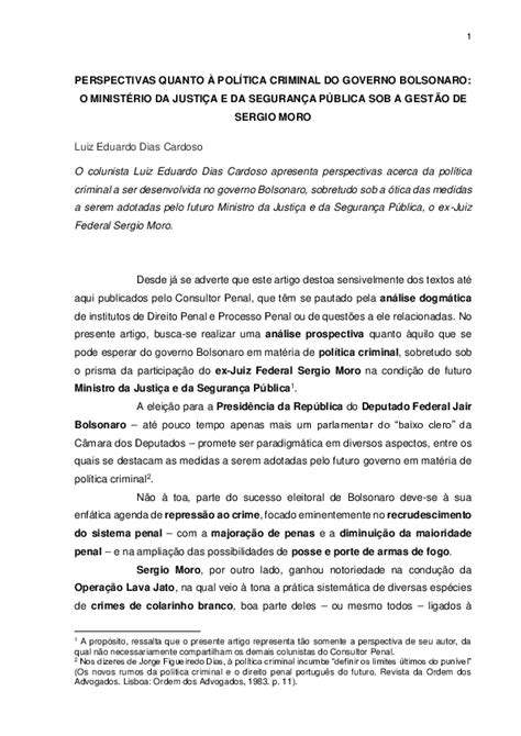 Pdf Perspectivas Quanto à Política Criminal Do Governo Bolsonaro O Ministério Da Justiça E Da