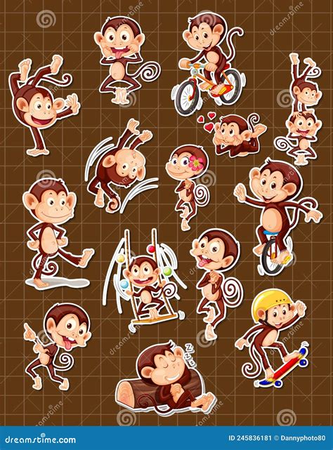 Sticker Set Of Funny Monkey Cartoon Characters Stock Vector