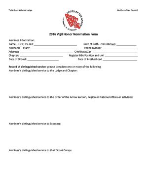 Fillable Online Oa Nsbsa 2016 VIGIL HONOR NOMINATION FORM Totanhan