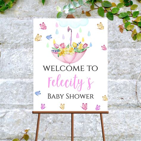 April Showers Welcome Sign With Cute Umbrella Rain Drops And Flowers