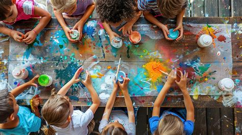 premium photo children creating art    large table covered