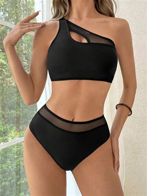 Shein Shein Swim Bae Contrast Mesh One Shoulder Bikini Swimsuit Shein Usa