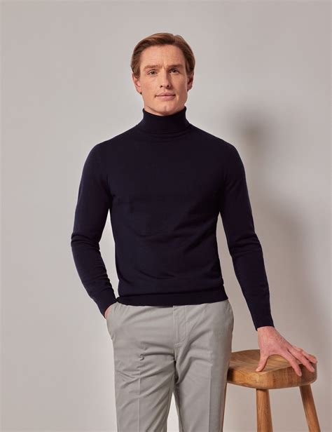 Men S Navy Roll Neck Merino Jumper Machine Washable Hawes Curtis