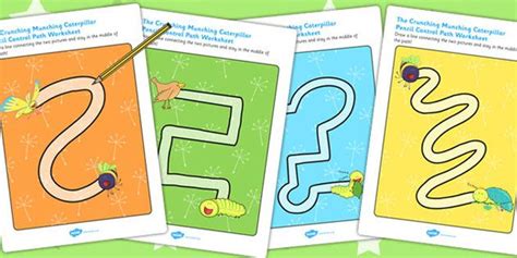 The Crunching Munching Caterpillar Pencil Control Path Worksheets