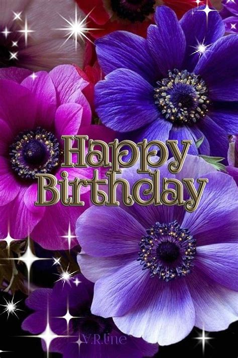 Happy Birthday Card With Purple Flowers And Sparkles