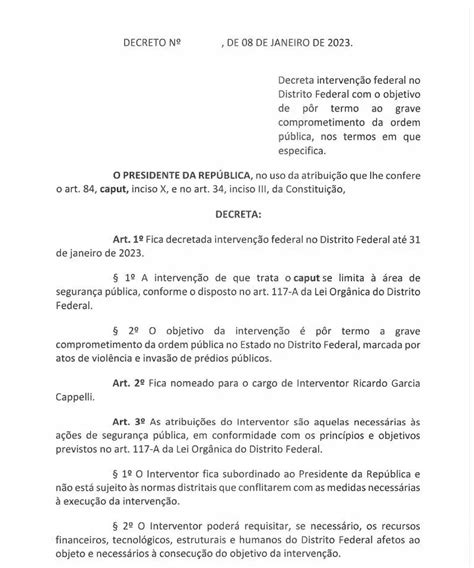 Lula Decreta Interven O Federal Na Seguran A Do Df At O Dia De