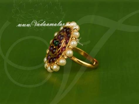 Kempu Stones With Pearls Finger Ring For Bharatanatyam Dance And Temple