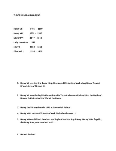 Year 6 History Lesson: the timeline of the Tudor Kings and Queens ...