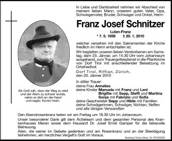 Traueranzeigen Von Franz Josef Schnitzer Trauer Bz