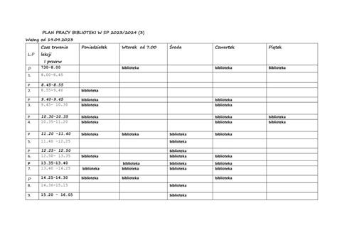 Plan Pracy Biblioteki Szkolnej