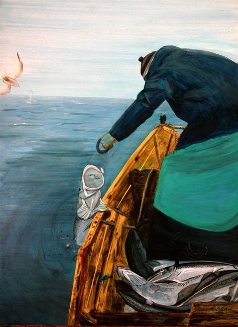 Acrylic Painting Of Portugese Fisherman Using A Hand Line To Catch Cod