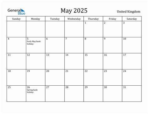 May 2025 Monthly Calendar with United Kingdom Holidays
