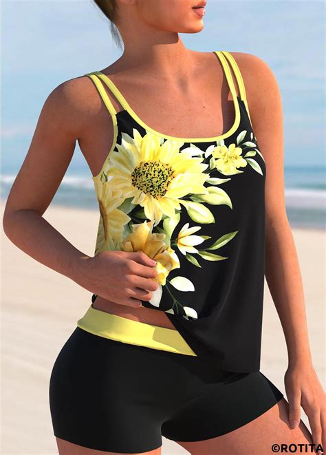 Rotita Sunflower Print Double Straps Yellow Tankini Set Rotita