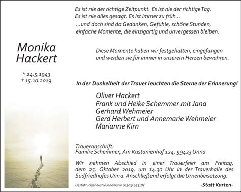 Traueranzeigen Von Monika Hackert Sich Erinnern De