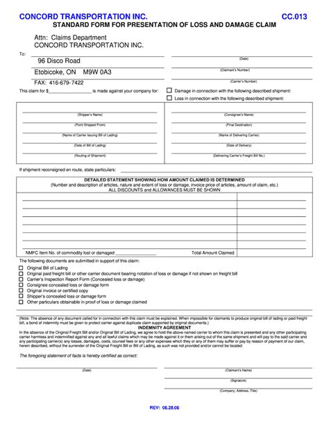 Fillable Online Bclaim Formb Concord Transportation Fax Email Print