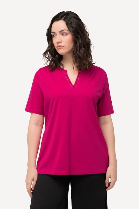 Cutout Trim Split Neck Tee Light Heather Ulla Popken