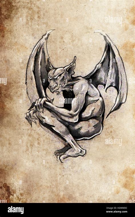 gargoyle Tattoo sketch, handmade design over vintage paper Stock Photo ...