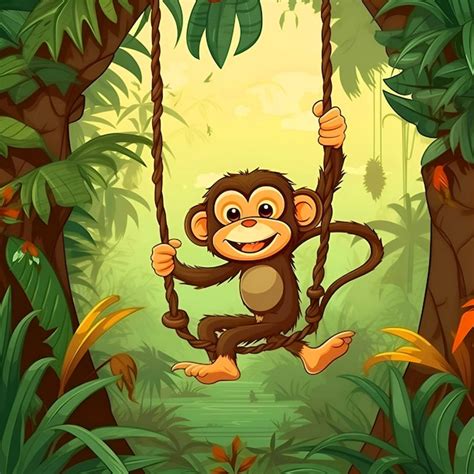 Premium Photo | Monkey hanging on the rope in the jungle illustration Cartoon style