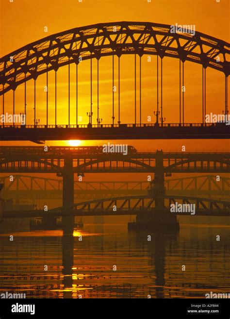 Tyne Bridges At Sunset Newcastle Upon Tyne Tyne And Wear England Uk