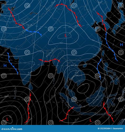 Forecast Weather Isobar Night Map Of Asia Stock Vector Illustration