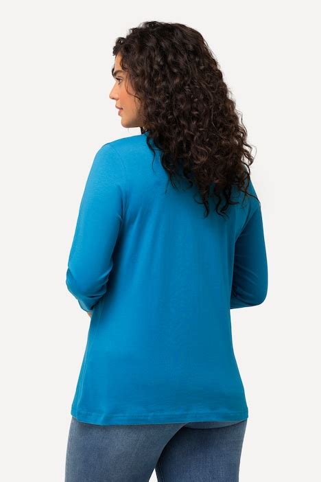 Basic Round Neck Long Sleeve Slim Fit Cotton Tee Aqua Ulla Popken