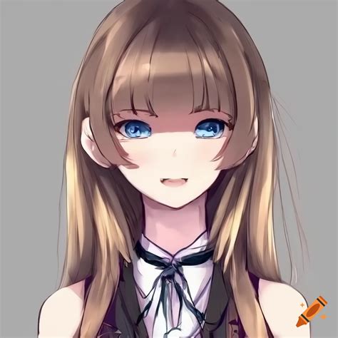 Anime Style Girl Deep Dark Blonde Hair One Sided Bangs Blue Eyes Looking Up Smiling Cute