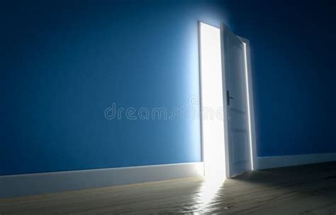 Light Shining Through Open Door In Dark Room With Blue Walls And Stock