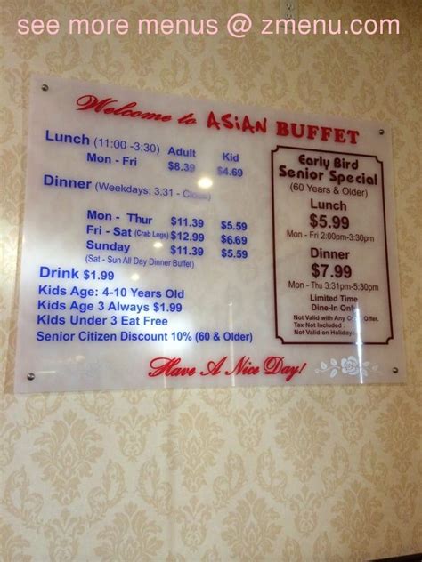 Menu at Asian Buffet restaurant, Killeen