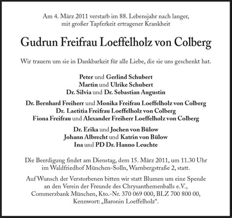 Traueranzeigen Von Gudrun Freifrau Loeffelholz Von Colberg Sz Gedenken De