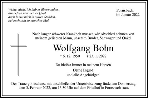 Traueranzeigen Von Wolfgang Bohn S Dwest Presse Trauer