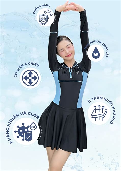 Bộ đồ bơi Nữ BIKINI PASSPORT kiểu Một mảnh váy tay dài liền thân kim Đen Xanh BS BU