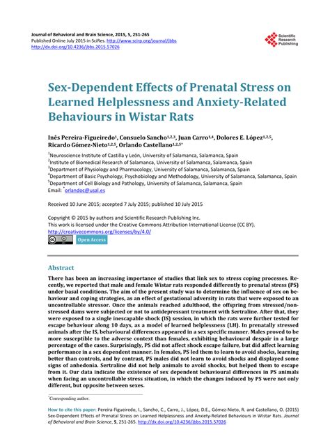 PDF Sex Dependent Effects Of Prenatal Stress On Learned Helplessness And Anxiety Related