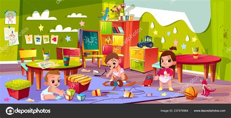 Vector cartoon kindergarten, montessori. Infants play toys — Stock Vector © vectorpouch #237476964